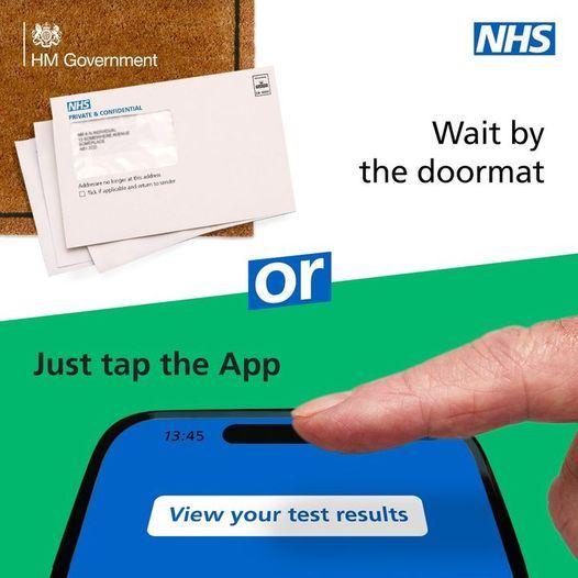 The NHS and HM Government logos, a mail envelope of test results and the NHS App on a smartphone and the words Wait by the doormat or just tap the app