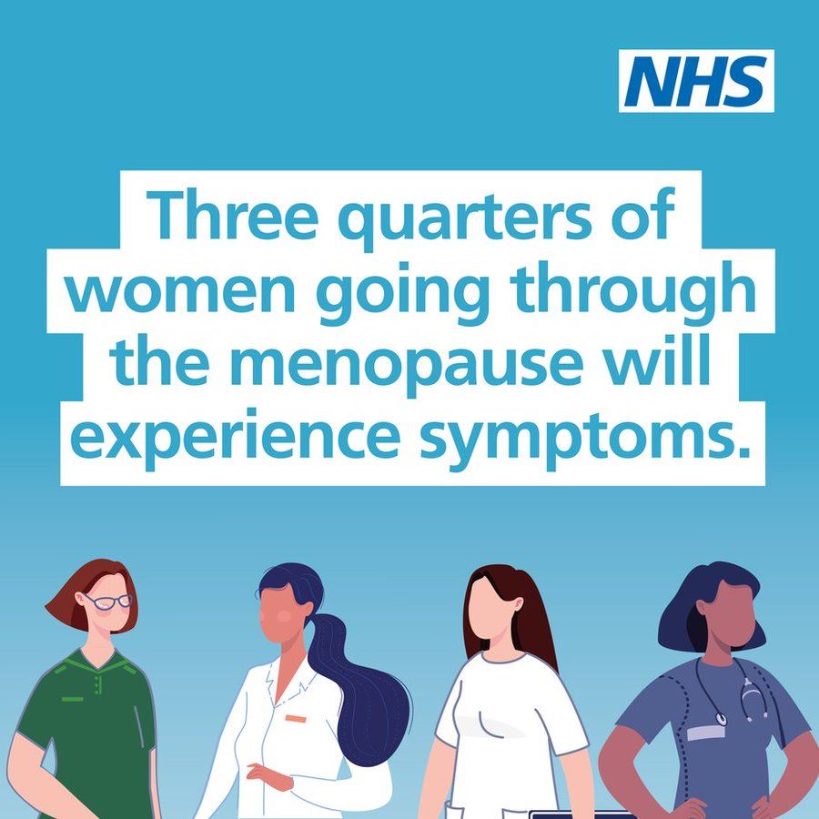 a cartoon image of a group of women, the NHS logo and the words Three quarters of women going through the menopause will experience symptoms