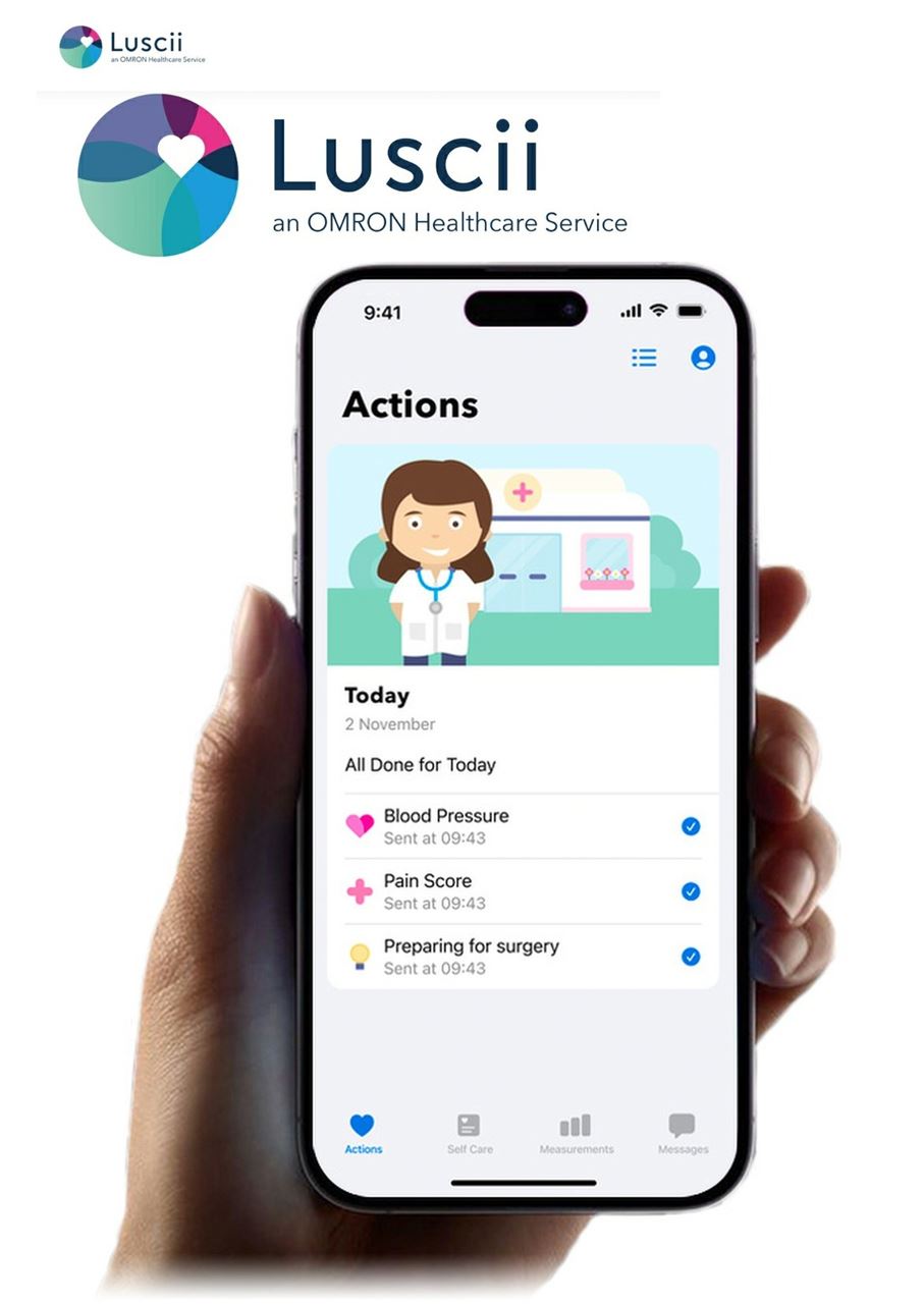 The Luscii logo and a hand holding a smartphone showing the Luscii app