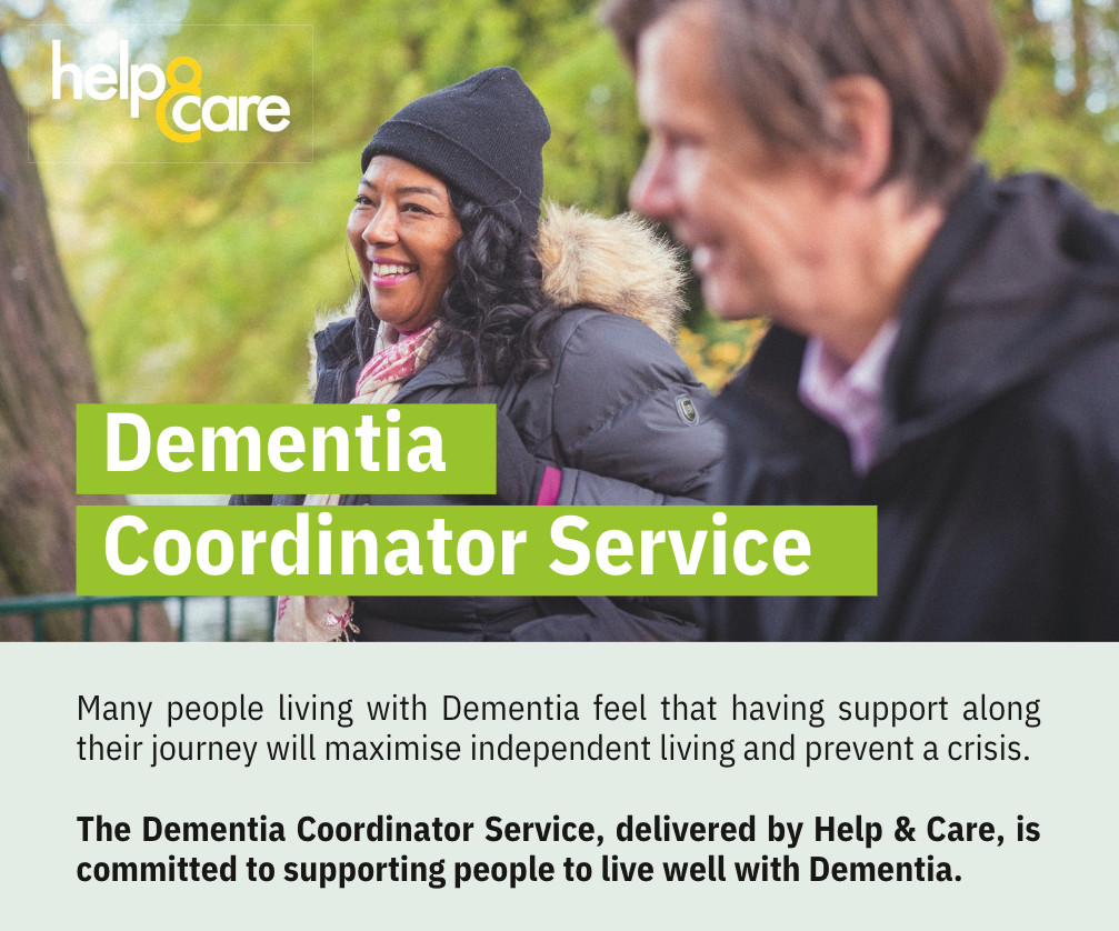 The Help and Care logo with the image of a woman and a man walking, the words Dementia Coordinator Service