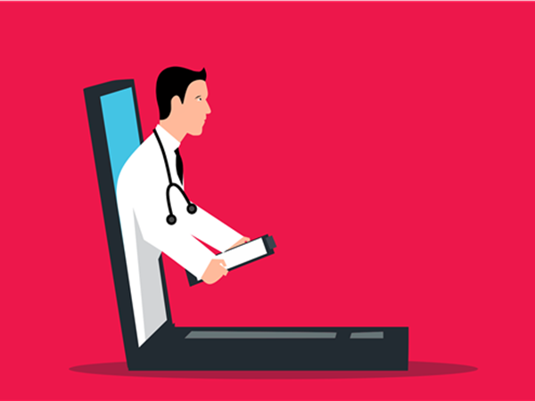 a cartoon of a pharmacist coming out of a laptop screen